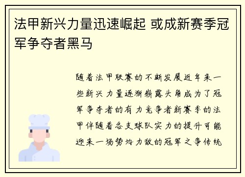法甲新兴力量迅速崛起 或成新赛季冠军争夺者黑马