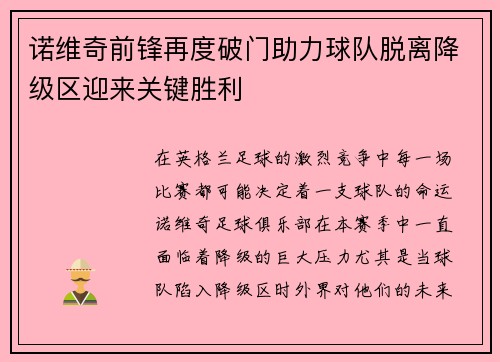 诺维奇前锋再度破门助力球队脱离降级区迎来关键胜利