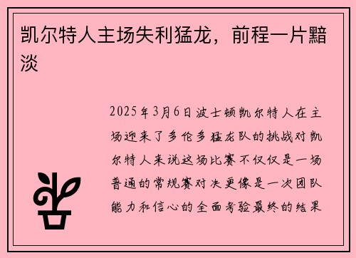 凯尔特人主场失利猛龙，前程一片黯淡