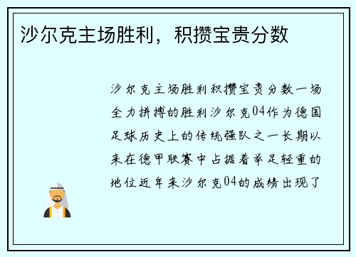 沙尔克主场胜利，积攒宝贵分数