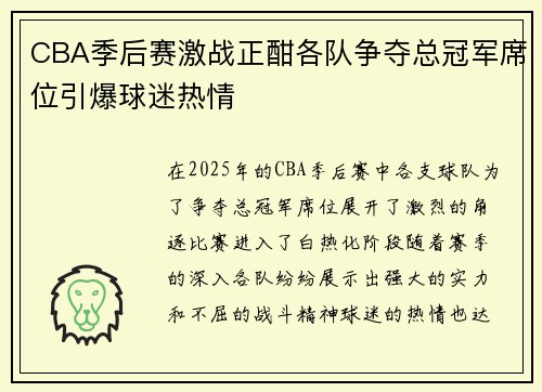 CBA季后赛激战正酣各队争夺总冠军席位引爆球迷热情