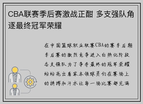 CBA联赛季后赛激战正酣 多支强队角逐最终冠军荣耀