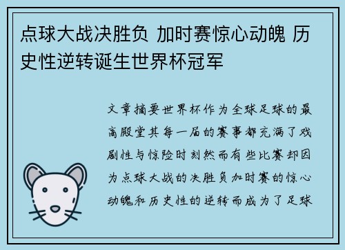 点球大战决胜负 加时赛惊心动魄 历史性逆转诞生世界杯冠军