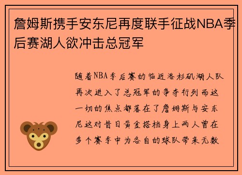 詹姆斯携手安东尼再度联手征战NBA季后赛湖人欲冲击总冠军