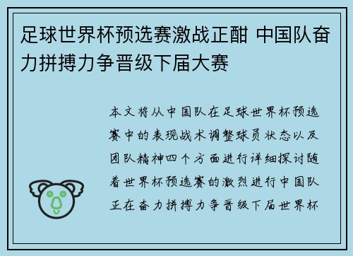 足球世界杯预选赛激战正酣 中国队奋力拼搏力争晋级下届大赛