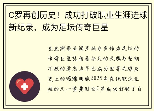 C罗再创历史!成功打破职业生涯进球新纪录,成为足坛传奇巨星
