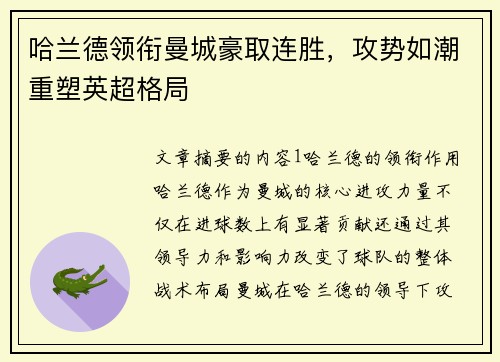 哈兰德领衔曼城豪取连胜,攻势如潮重塑英超格局